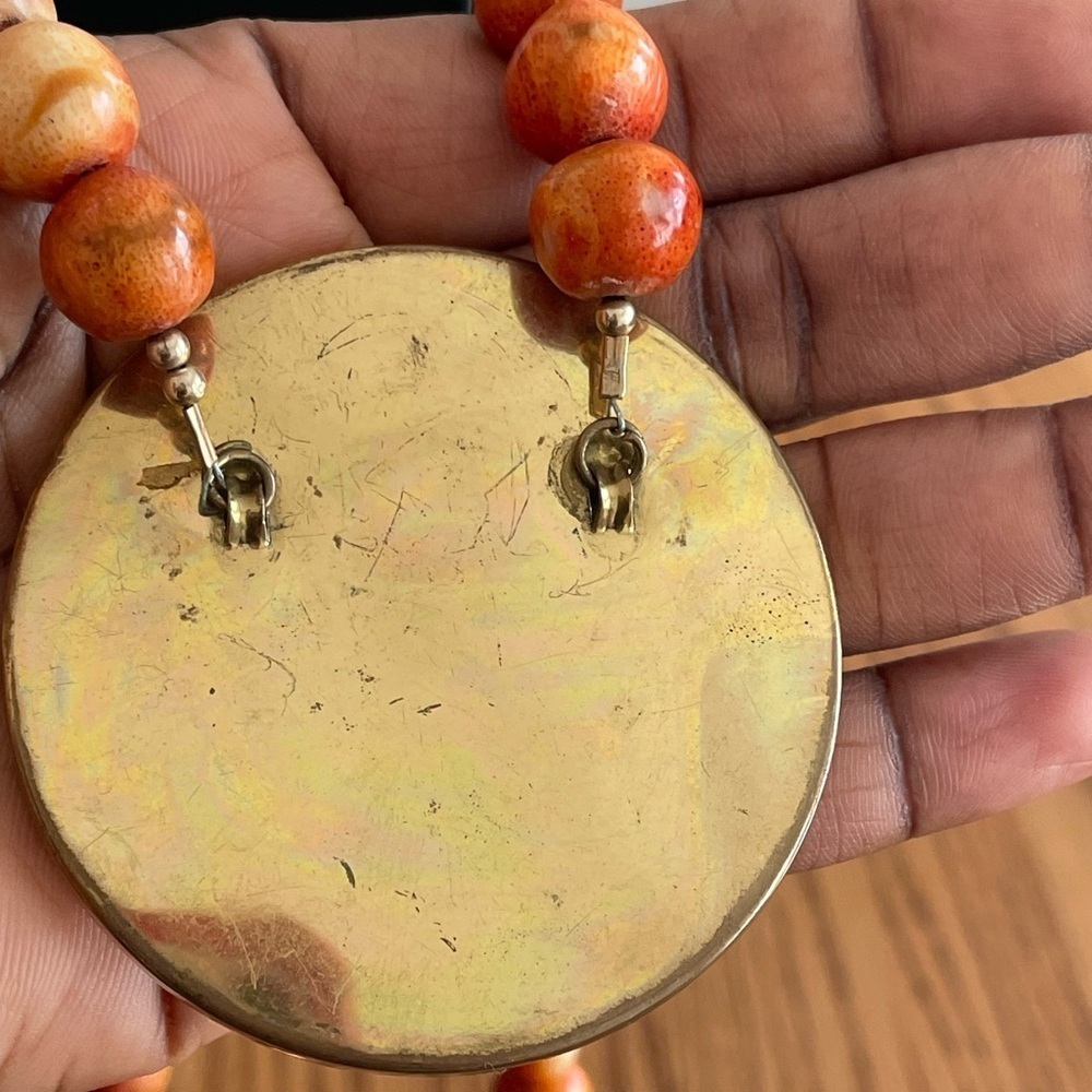 Coral Beaded Statement Necklace Large Round Pendant Boho Artisan - Picture 4 of 8